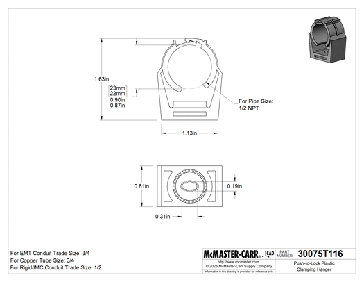 McMaster 30075T116 Push-to-Lock Nylon Plastic Clamping Hanger, Pack of 5, 13/16" to 7/8" ID