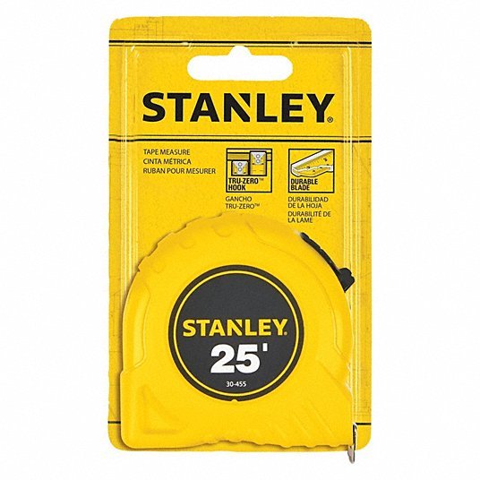 Stanley 30-455 Tape Measure Inch, Nonmagnetic Single Hook Tip, Plastic, 25 ft, 7 ft Standout Lg, Std Blade