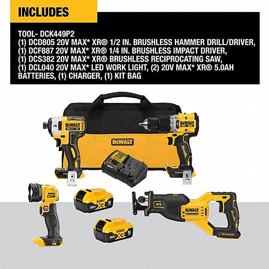 DeWalt DCK449P2 Cordless Tool Combination Kit 4 Tools, 20 V DC Volt, Battery Included, 20V MAX* XR®