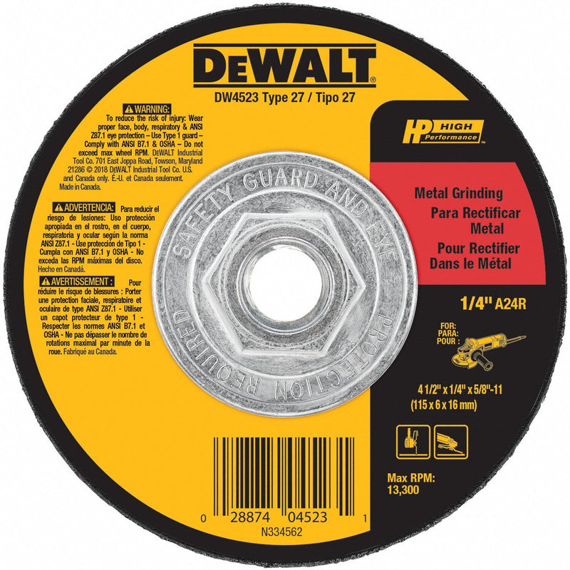 DEWALT DW4523 Depressed Center Grinding Wheel, Type 27, 4 1/2" x 1/4" x 5/8"-11, Aluminum Oxide, 24 Grit