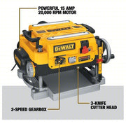 Dewalt DW735 Portable Planer 115V, Single-Phase, 15 A, 2 hp, 13 in Max. Wd, 6 in Max. Ht, 10,000 RPM
