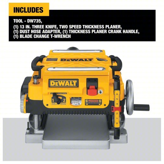 Dewalt DW735 Portable Planer 115V, Single-Phase, 15 A, 2 hp, 13 in Max. Wd, 6 in Max. Ht, 10,000 RPM