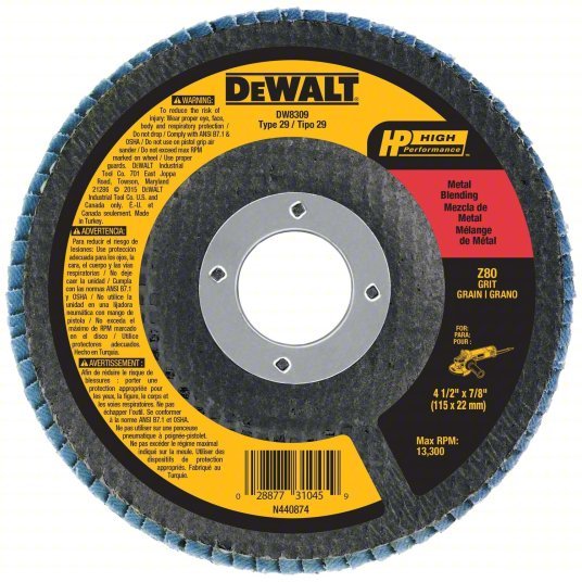 DeWalt DW8309 Flap Disc Type 29, 4 1/2 in x 7/8 in, Zirconia Alumina, 80 Grit, Fiberglass Bk, High Density
