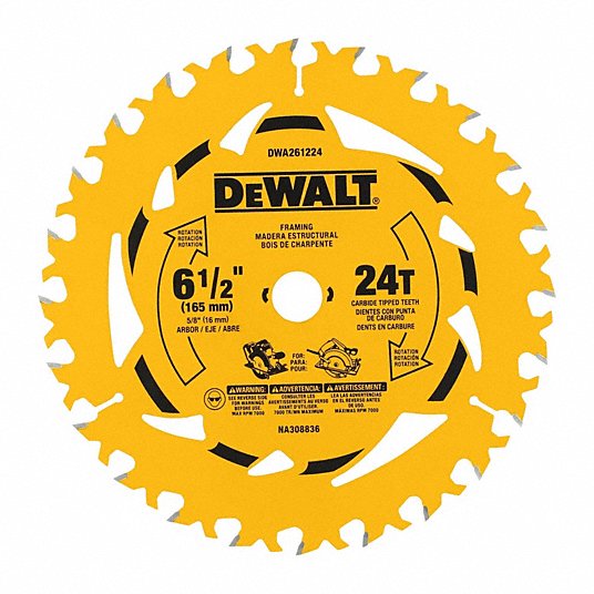 DeWalt DWA261224 Circular Saw Blade 6 1/2 in Blade Dia., 24 Teeth, 0.07 in Cut Wd, 5/8 in Arbor Size, Framing