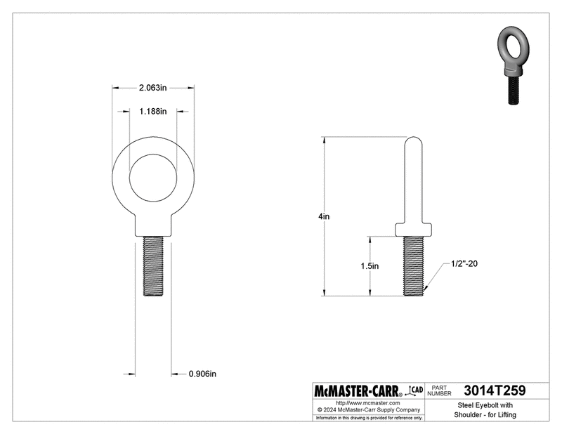 McMaster 3014T259 Steel Eyebolt with Shoulder 1/2"-20 Thread Size, 1-1/2" Thread Length