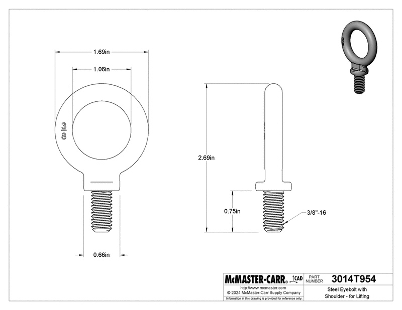 McMaster 3014T954 Machinery Eye Bolt With Shoulder 3/8"-16 Thread Size, 3/4" Thread Length