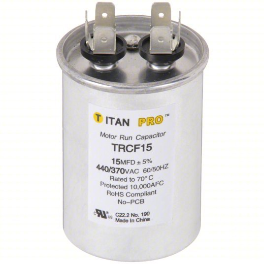 Titan Pro TRCF15 Motor Run Capacitor Round, 440/370V AC, 15 mfd, 3 in Overall Ht