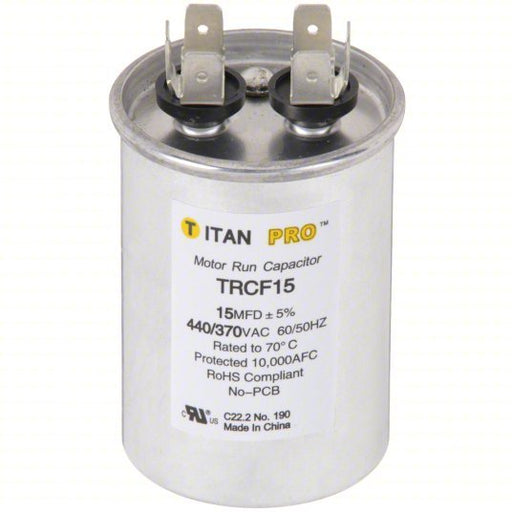 Titan Pro TRCF15 Motor Run Capacitor Round, 440/370V AC, 15 mfd, 3 in Overall Ht