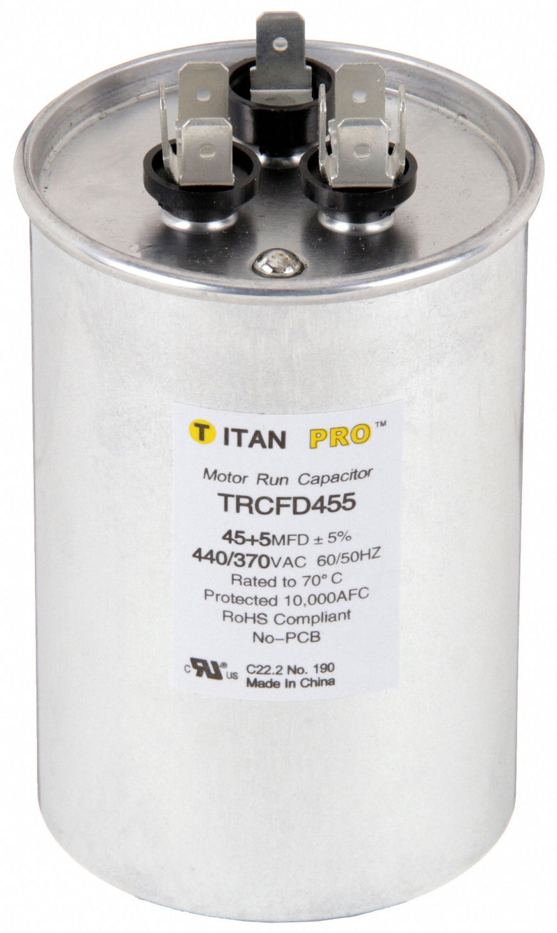 Titan Pro TRCFD455 Motor Dual Run Capacitor, Round, 440/370V AC, 45/5 MFD, 2 1/2 in Overall Dia, Aluminum