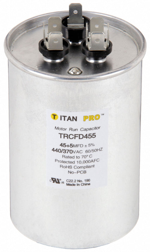 Titan Pro TRCFD455 Motor Dual Run Capacitor, Round, 440/370V AC, 45/5 MFD, 2 1/2 in Overall Dia, Aluminum