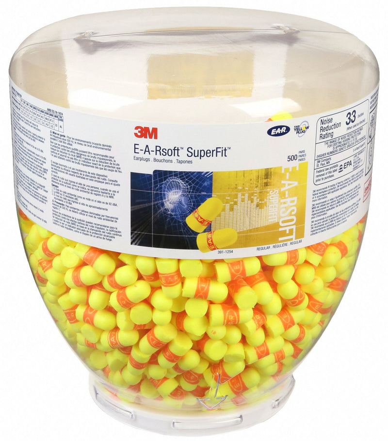 3M 391-1254 Ear Plug Dispenser Refill, Bullet, 33 dB NRR, Uncorded, Roll-Down, Disposable, 500 Pairs