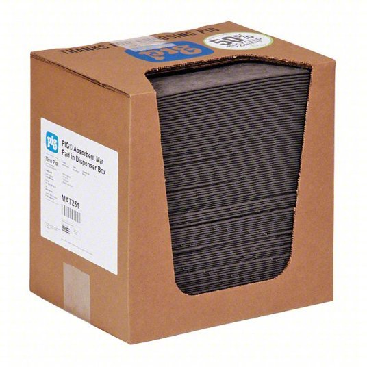 PIG MAT251 Sorbents, 10 gal/pk, 12 oz/pad, Universal Absorbed, Gray, Polypropylene, 100 PK