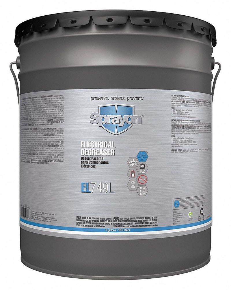 Sprayon S74905000 Degreaser, Solvent-Based, Bucket, 5 gal Container Size, Ready to Use, K2, EL749™, Unscented