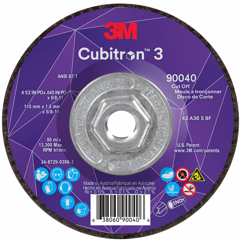 3M Cubitron 3 90040 Cut-Off Wheel, Type 27, 4-1/2 x 0.045 x 5/8-11 in, Ceramic, 36 Grit