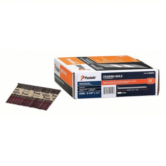 Paslode 650839 Collated Framing Nail, 3-1/4 in L, 10 ga, Brite, Flat Head, 30 Degrees, 2500 PK