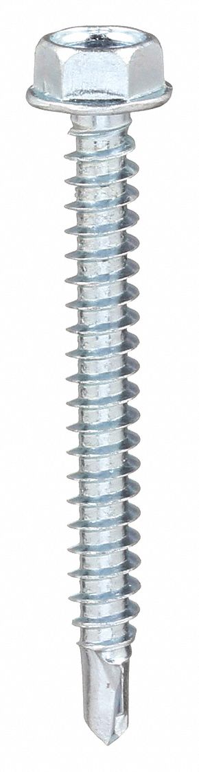 Approved Vendor U31810.019.0200 Self-Drilling Screw, #10 Size, 2 in Lg, Steel, Zinc-Plated, Hex Washer, External Hex, 100 PK