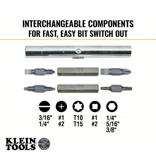 Klein 32500 Multi-Bit Screwdriver / Nut Driver, 11-in-1, Ph, Sl, Sq, Torx Bits, 6-Piece, 8 Tips