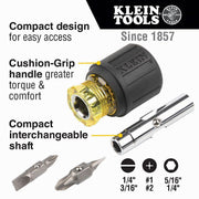 Klein 32561 Multi-Bit Screwdriver: #1/1/4 in/#2/3/16 in/5/16 in Tip Size, 4 Tips, Quick Change
