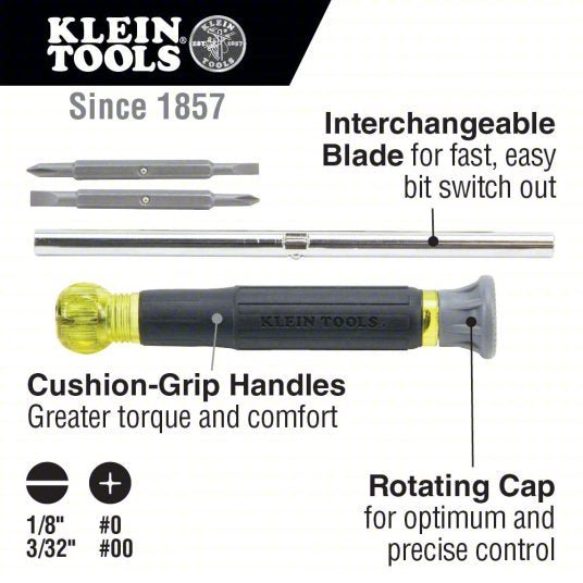 Klein 32581 Multi-Bit Screwdriver #0/#00/1/8 in/5/32 in Tip Size, 4 Tips, 6 1/2 in Overall Lg, ANSI