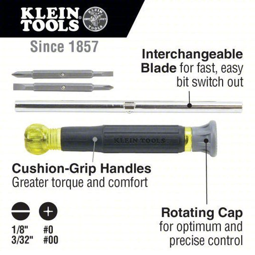 Klein 32581 Multi-Bit Screwdriver #0/#00/1/8 in/5/32 in Tip Size, 4 Tips, 6 1/2 in Overall Lg, ANSI