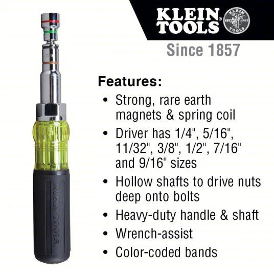 Klein 32807MAG Hollow Round Shank Multi BitNut Driver 9 1/2 in Overall Lg, 4 in Bolt Clearance, SAE