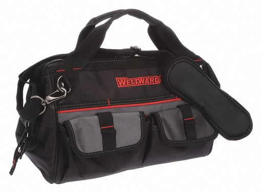 Westward 32PJ36 Tool Bag, 14 in W x 7 1/2 in D x 9 1/4 in H, Black, Polyester, 21 Pockets, Polyester