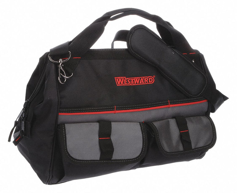 Westward 32PJ37 Tool Bag, 16 in W x 8 1/4 in D x 11 1/2 in H, Black, Polyester, 21 Pockets, Polyester
