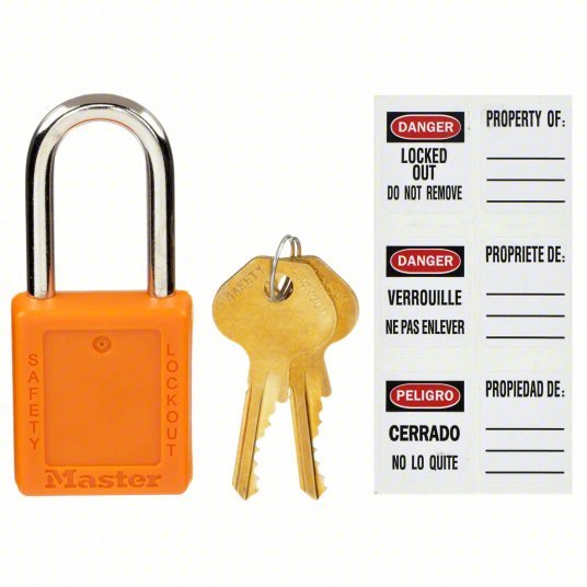 Master Lock 410ORJ Lockout Padlock Keyed Different, Thermoplastic, Std Body, Metal, Orange
