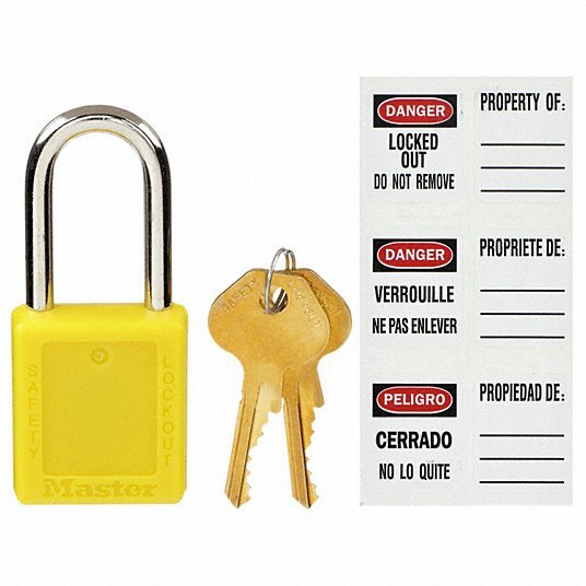 Master Lock 410YLW Lockout Padlock Keyed Different, Thermoplastic, Std Body Body Size, Metal, Yellow