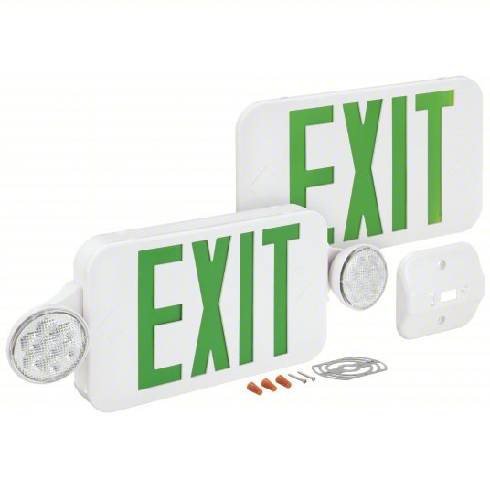 Compass CCG Exit Sign with Emergency Lights White, 1 or 2 Faces, Green, LED, Ceiling/End/Wall, Nickel Cadmium