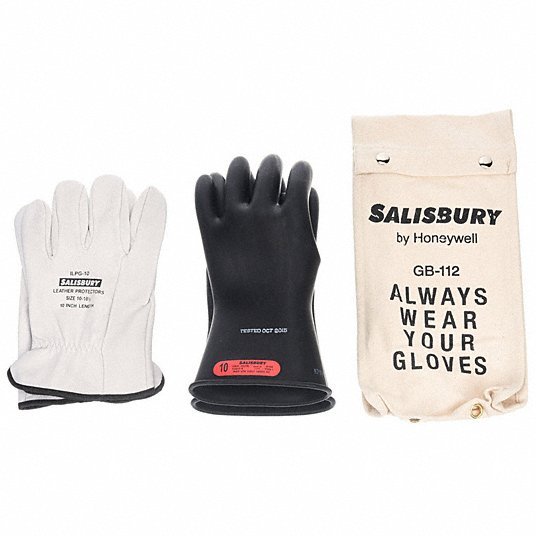 Salisbury GK011B/9 Electrical Rubber Glove Kit, Leather Protectors, Glove Bag, Black, 11 in, Class 0, Size 9, 1 Pair