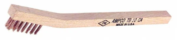 Ampco TB-10 6" L Nonsparking Scratch Brush: Curved Handle, Bronze, Wood, 1 7/8 in Brush Lg, 7 7/8 in Handle Lg