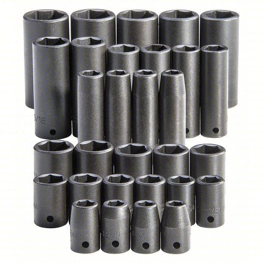 Proto J54215 Impact Socket Set: 1/2 in Drive Size, 30 Pieces, (15) 6-Point, (15) 6-Point, Black Oxide