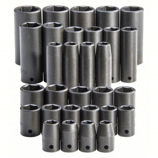 Proto J54215 Impact Socket Set: 1/2 in Drive Size, 30 Pieces, (15) 6-Point, (15) 6-Point, Black Oxide