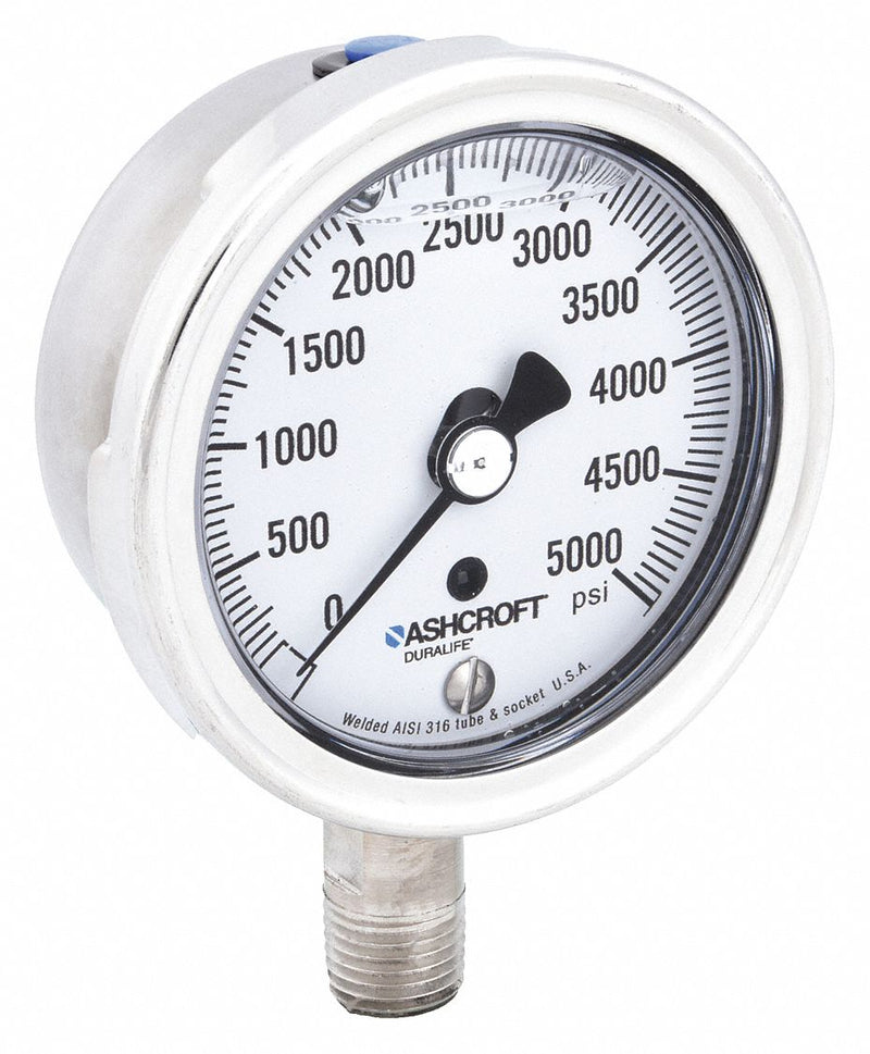Ashcroft 251009SWL02L5000# Industrial Pressure Gauge 0 psi to 5,000 psi, 2 1/2 in Dial, 1/4 in NPT Male, Bottom, 1009