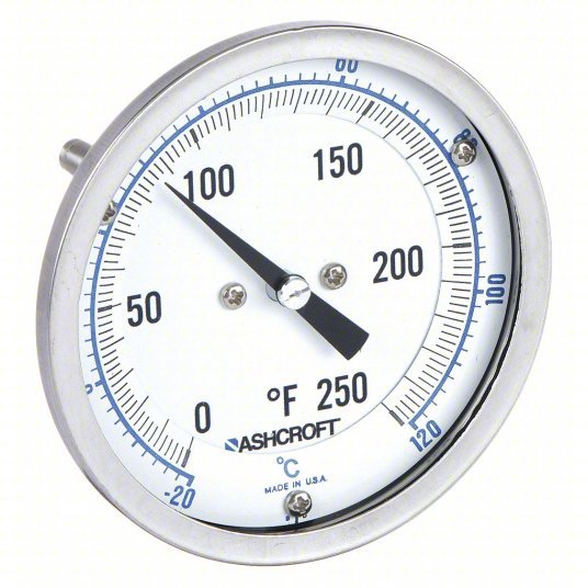 Ashcroft 30EI60R Dial Thermometer Back, 0° to 250°F/-20° to 120°C, 1/2 in NPT, 2.5 in Stem Lg, 3 in Dial Dia