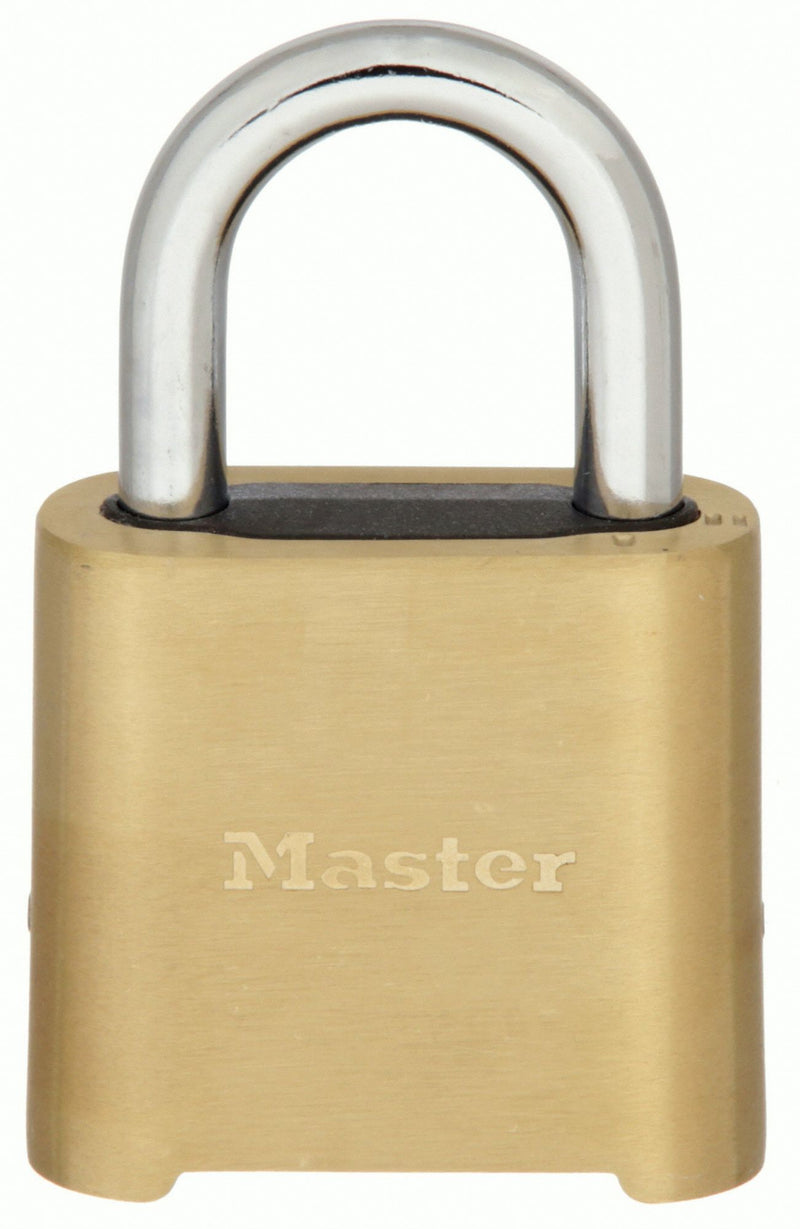 Master Lock 975DCOM Combination Padlock, Scrolling 4-Digit, Standard Shackle, Brass Body, 2 in x 2 in, Gold, Resettable