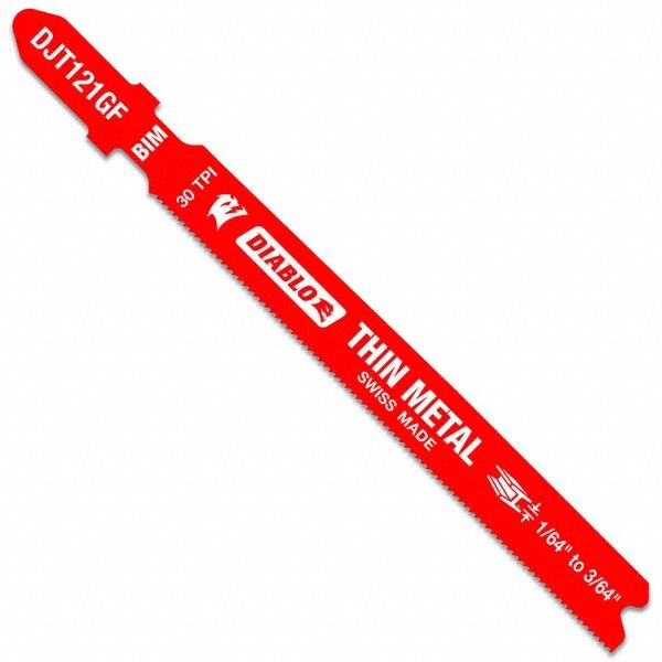 Diablo DJT121GF5 Jigsaw Blade, 30 TPI, 3-5/8 in Blade Lg, Bi-Metal, T Shank, Flexible for Curved Cuts, Thin Metal, 5 PK