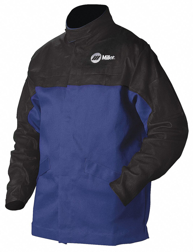 Miller Electric 231081 Welding Jacket, Men's, Indura with Pigskin Sleeves ( 9 oz ), Blue, Snaps, M