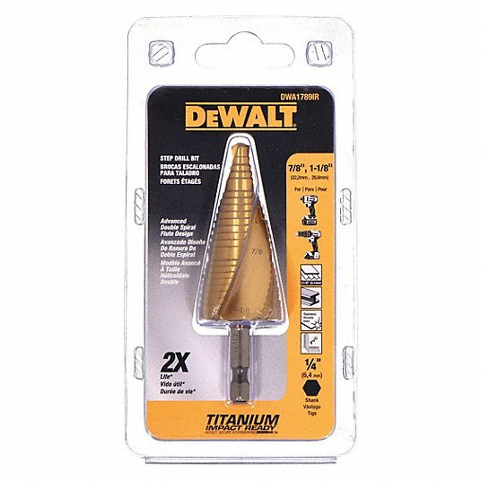 Dewalt DWA1789IR Step Drill Bit 2 Hole Sizes, 7/8 in to 1 1/8 in, 3/4 in Step Increments, Hex Shank - Redwood.KV34D733