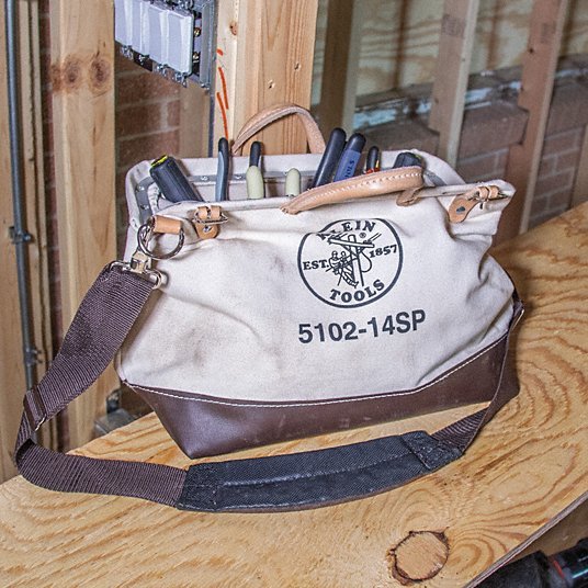 Klein 5102-14SP Tool Bag 14 in W x 6 in D x 12 in H, Brown, Canvas, 10 Pockets, 10 Inside Pockets