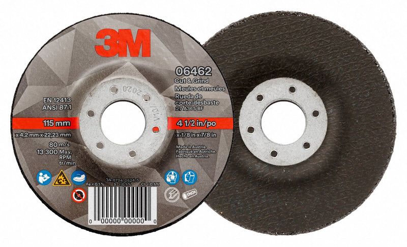3M 06462 Cut-Off & Grinding Wheel, Type 27, 4 1/2" x 1/8" x 7/8", Ceramic, 36 Grit, Cut & Grind, 20 PK