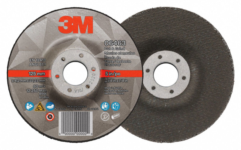 3M 06463 Cut-Off & Grinding Wheel, Type 27, 5" x 1/8" x 7/8", 36 Grit, PK20