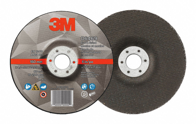 3M 06469 Cut-Off & Grinding Wheel, Type 27, 6" x 1/8" x 7/8", 36 Grit, PK20