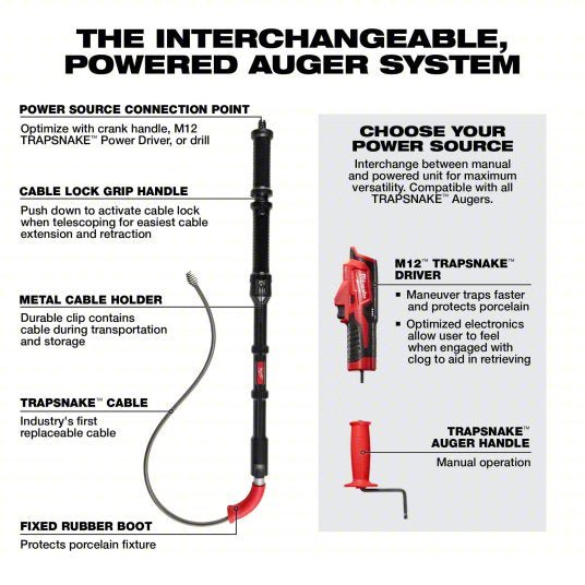 Milwaukee 49-16-3576 Toilet Auger 6 ft Cable Lg, 1/2 in Cable Dia, Bulb Head, For Toilets Fixture Type