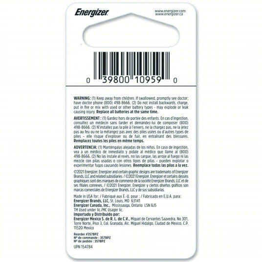 Energizer 357BPZ Button Cell Battery 357 Battery Size, Silver Oxide, 138 mAh Capacity, 1.5V DC
