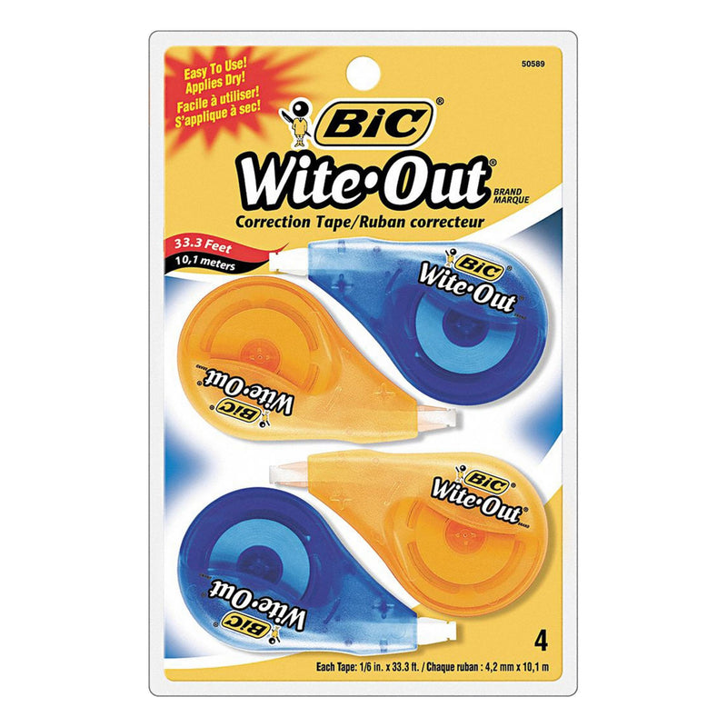 Bic BICWOTAPP418 Correction Tape, Assorted, Applies Dry/Tear-Resistant, 1/8 in Correction Tape Wd, 4 PK