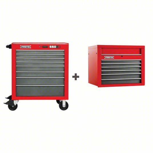 Proto J553441-8SG/J553427-6SG Rolling Cabinet Matte Red, 34 in W x 25 1/4 in D x 68 in H, Ball Bearing, Full Extension