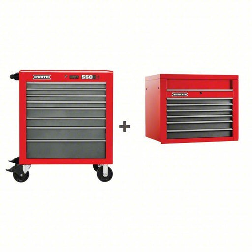 Proto J553441-8SG/J553427-6SG Rolling Cabinet Matte Red, 34 in W x 25 1/4 in D x 68 in H, Ball Bearing, Full Extension