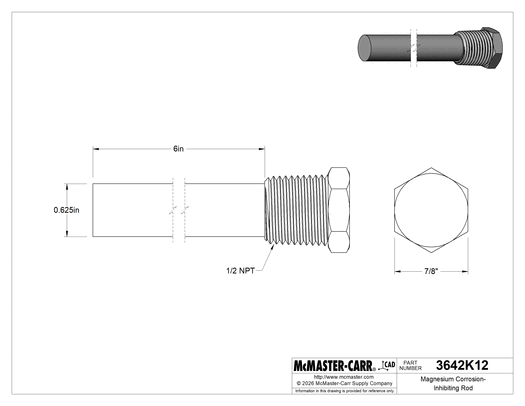 McMaster 3642K12 Magnesium Corrosion-Inhibiting Rod, 1/2 NPT Male, 6" Long